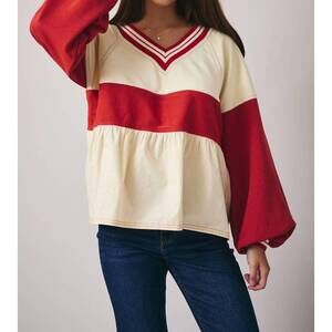 NEW SUNDAY EDITION colorblock v neck babydoll top in red